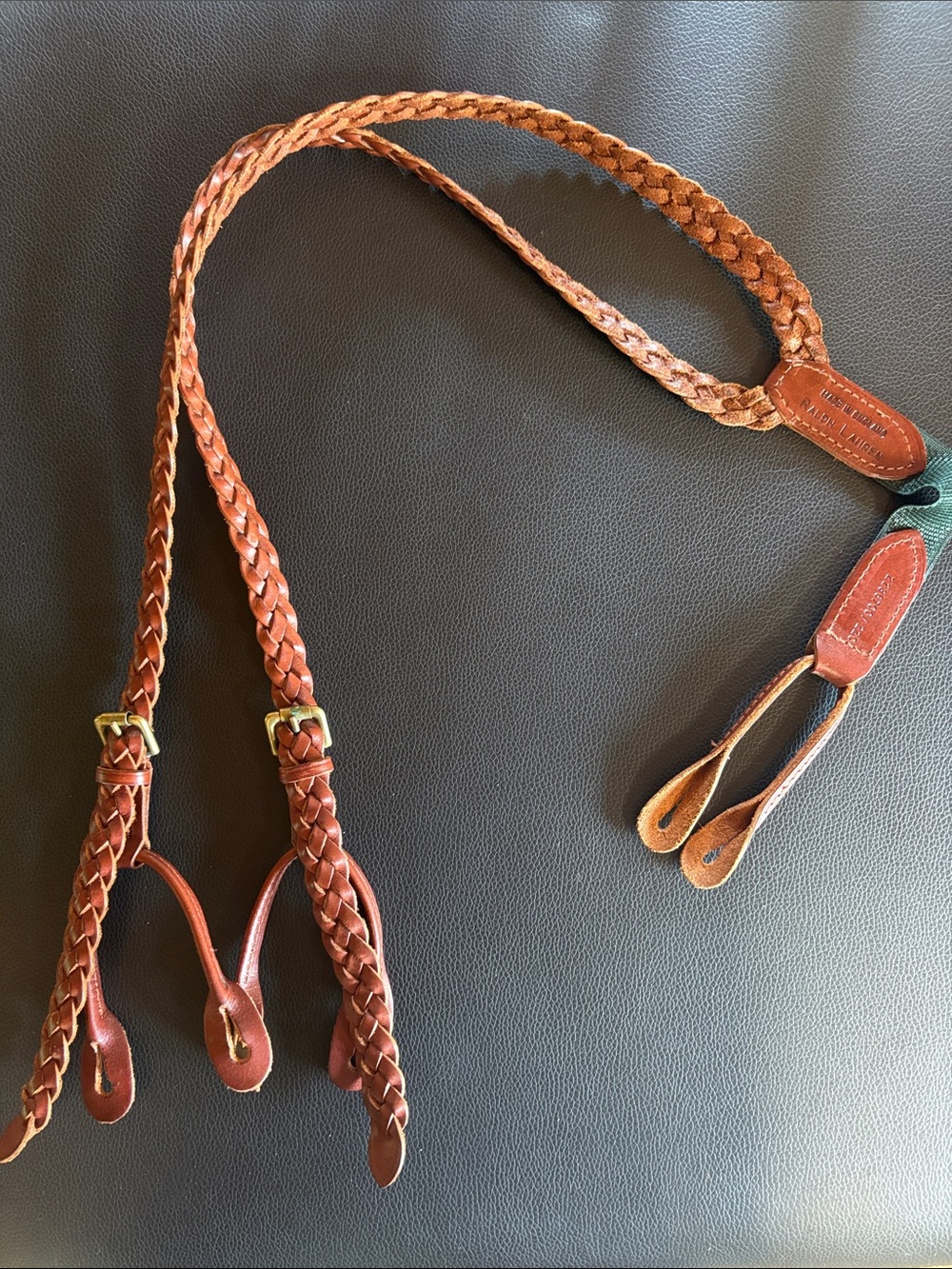 Ralph Lauren suspenders Braided Leather green and Cognac Brown - Picture 3 of 5